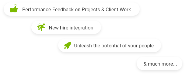 Text bubble overlay reading "Performance Feedback on Projects & Client Work", "New hire integration", "Unleash the potential of your people", and "& much more.."